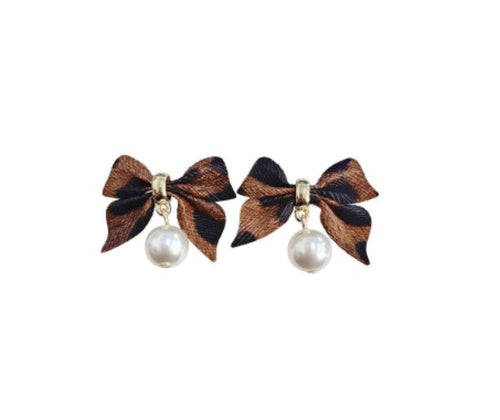 Leopard Luxe Bow and Pearl Drop Earrings